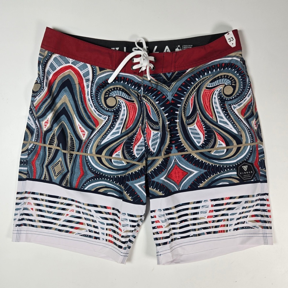Vissla Board Shorts Mens 33 Red Paisley Coconut Poly Stretch Surf Swim Trunks